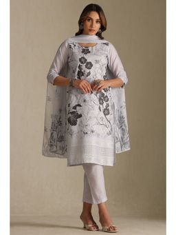 Soch - Womens Grey Cotton Floral Printed Kurta and Pant with Dupatta (Set of 3)