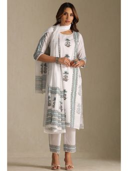 Soch - Womens White Cotton Floral Printed Kurta and Pant with Dupatta (Set of 3)