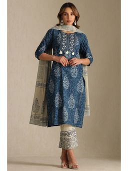 Soch - Womens Blue Cotton Botanical Printed Kurta and Pant with Dupatta (Set of 3)
