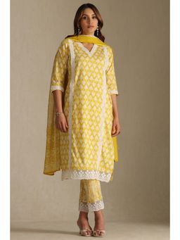 Soch - Womens Yellow Cotton Ethnic Motifs Kurta and Pant with Dupatta (Set of 3)