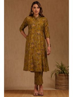Soch - Womens Mustard Art Silk Floral Printed Co-Ord (Set of 2)