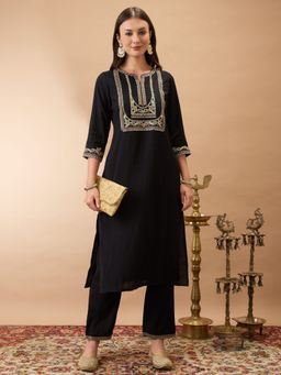 Globus - Women Black Zari Embroidered Straight Kurta with Pant (Set of 2)