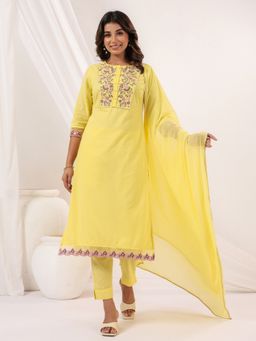Janasya - Women's Yellow Dobby Pure Cotton Embroidered Straight Kurta and Pant (Set of 2)