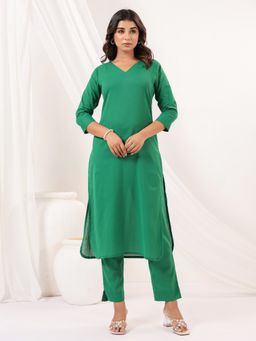 Janasya - Women's Green Linen Cotton Solid Straight Kurta and Pant (Set of 2)