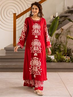 Autumnlane - Kabool Vermillion Printed Kurta and Pant (Set of 2)