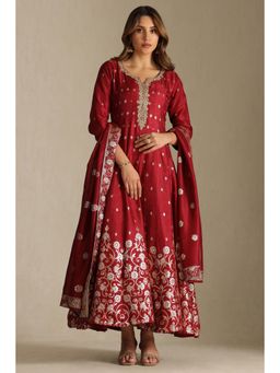Soch - Womens Maroon Viscose Blend Zari Woven Kurta with Dupatta (Set of 2)