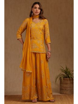 Soch - Womens Mustard Chinon Embroidered Kurta and Palazzo with Dupatta (Set of 3)