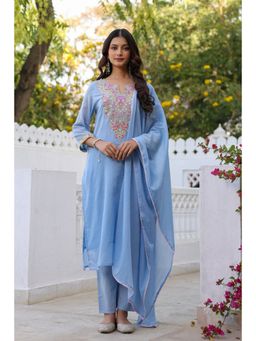 Scakhi - Blue Cotton Cambric Yoke Embroidered Straight Kurta Set(Set of 3)