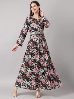 Divena - Black Muslin Floral Sequin Work with Attached Dupatta Flared Gown (Set of 2)