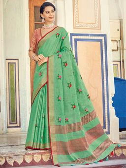 Odette - Green Linen Saree with Unstitched Blouse