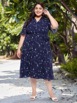 Martini - Navy Blue Curve Plus Size Printed Dress with Belt
