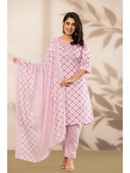 Gahan - Pink Printed Cotton Kurta & Pant with Dupatta