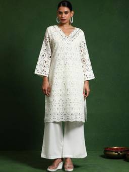 Gahan - Womens Floral Motif Schiffli Flared Sleeve Kurta with Pant