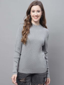 NOBARR - Women Acrylic Round Neck Full Sleeve Grey Sweater