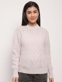 NOBARR - Women Acrylic Round Neck Full Sleeve Cable Knit Light Grey Sweater