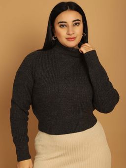 NOBARR - Women Acrylic Full Sleeve Solid Charcoal Sweater