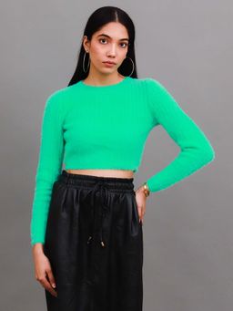 NOBARR - Women Acrylic Full Sleeve with Round Neck Ribbed Green Crop Sweater