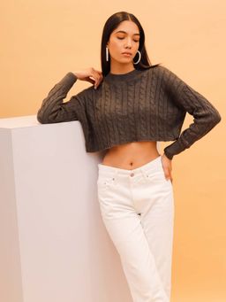 NOBARR - Women Acrylic Round Neck with Log Sleeve Cable Knit Brown Crop Sweater