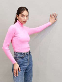 NOBARR - Women Viscose Full Sleeve with Turtle Neck Ribbed Pink Pullover Sweater