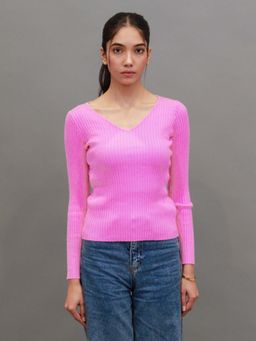 NOBARR - Women Viscose V-Neck with Long Sleeve Ribbed Pink Sweater