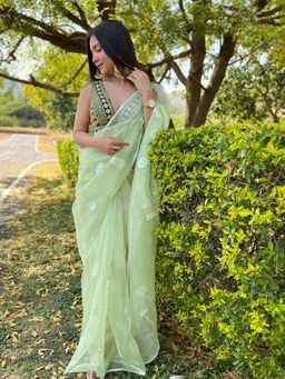 Odette - Green Organza Embroidered Saree with Unstitched Blouse