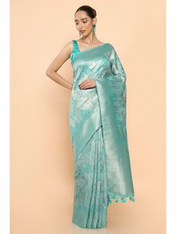 Soch - Women Turquoise Cotton Printed Saree with Unstitched Blouse