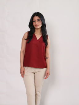 Saltpetre - Women Modal Solid Maroon V-Neck Top