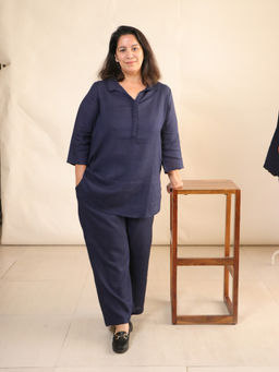 Saltpetre - Women Linen Solid Navy Tunic With Pants (Set of 2)