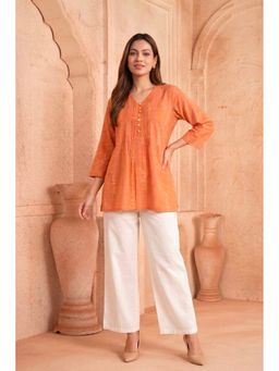 PANCHRANGA - Kesariya Pintuck Hand Block Printed Cotton Top