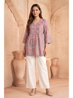 PANCHRANGA - Gulabi Bahaar Pintuck Hand Block Printed Cotton Top