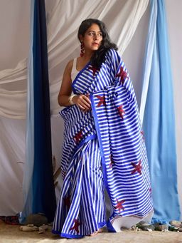 Sundarii - Stella Hand Block Printed Cotton White Saree with Unstitched Blouse