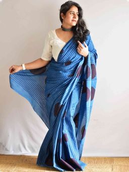 Sundarii - Nisha Chandra Hand Block Printed Cotton Blue Saree with Unstitched Blouse