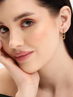 Carlton London - 18Kt Gold Plated Cz Studded Textured Double Circle Drop Link Earrings