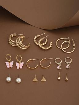 Carlton London - Gold Plated Pearl Butterfly-Crescent Moon Enamel Earrings (Pack Of 9)