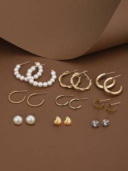 Carlton London - Gold Plated Cz and Pearl Heart Circular Stud and Hoop Earrings (Pack Of 9)