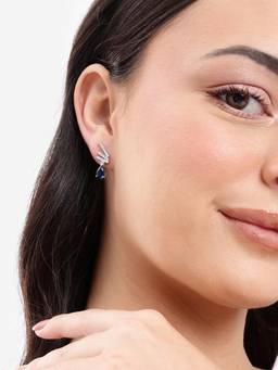 Carlton London - Silver Plated Cz Studded and Sapphire Blue Solitaire Dangling Earrings