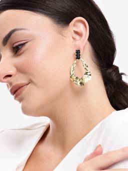 Carlton London - Gold Plated Statement Black Solitaire Stone Hammered Textured Drop Earrings
