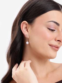 Carlton London - Gold Plated Cz Studded Bow with Pearl Front- Back Jacket Earrings