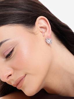 Carlton London - Silver Plated Sparkling Baguette Solitaire Cz Statement Studs