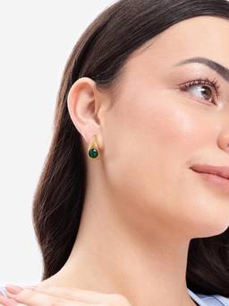 Carlton London - Gold Plated Emerald Green Solitaire Studded Teardrop Half Hoop Earrings