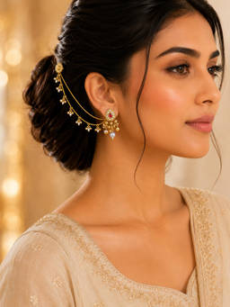 ABHUSHANAM - Rajsi Ruby Pearl Sahiba Earrings with Ear Chain