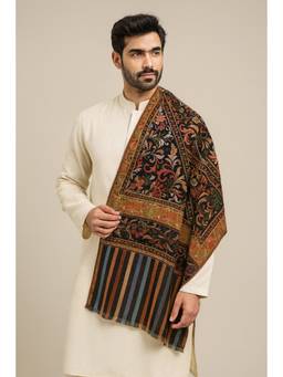 MUFFLY - Men Embroidered Border Kashmiri-Inspired Kani Design Black Stoles