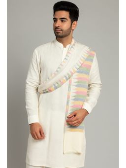 MUFFLY - Pastel Ikat-Inspired White Woven Fine Wool Stole for Men