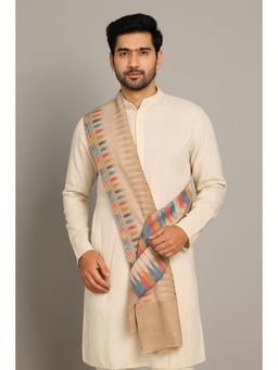 MUFFLY - Pastel Ikat-Inspired Beige Woven Fine Wool Stole for Men