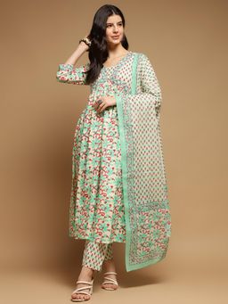 Aravalii - White and Seagreen Floral Anarkali Kurta Pant Set with Dupatta