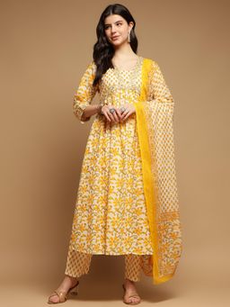 Aravalii - White and Yellow Floral Anarkali Kurta Pant Set with Dupatta