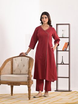 Aravalii - Brick Red Solid Angrakha Kurta Pant Set