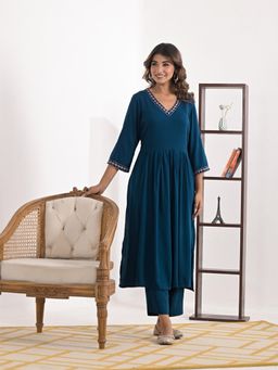 Aravalii - Peacock Blue Gathered Long Kurta Pant Set