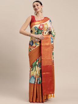 Vastranand - Yellow Soft Banarasi Silk Kalamkari Block Print Party Wear Saree with Unstitched Blouse