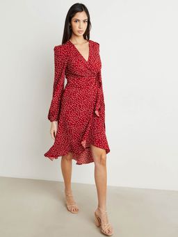 Styli - Burgundy Polka Dot Print Wrap Midi Dress With Tie Waist